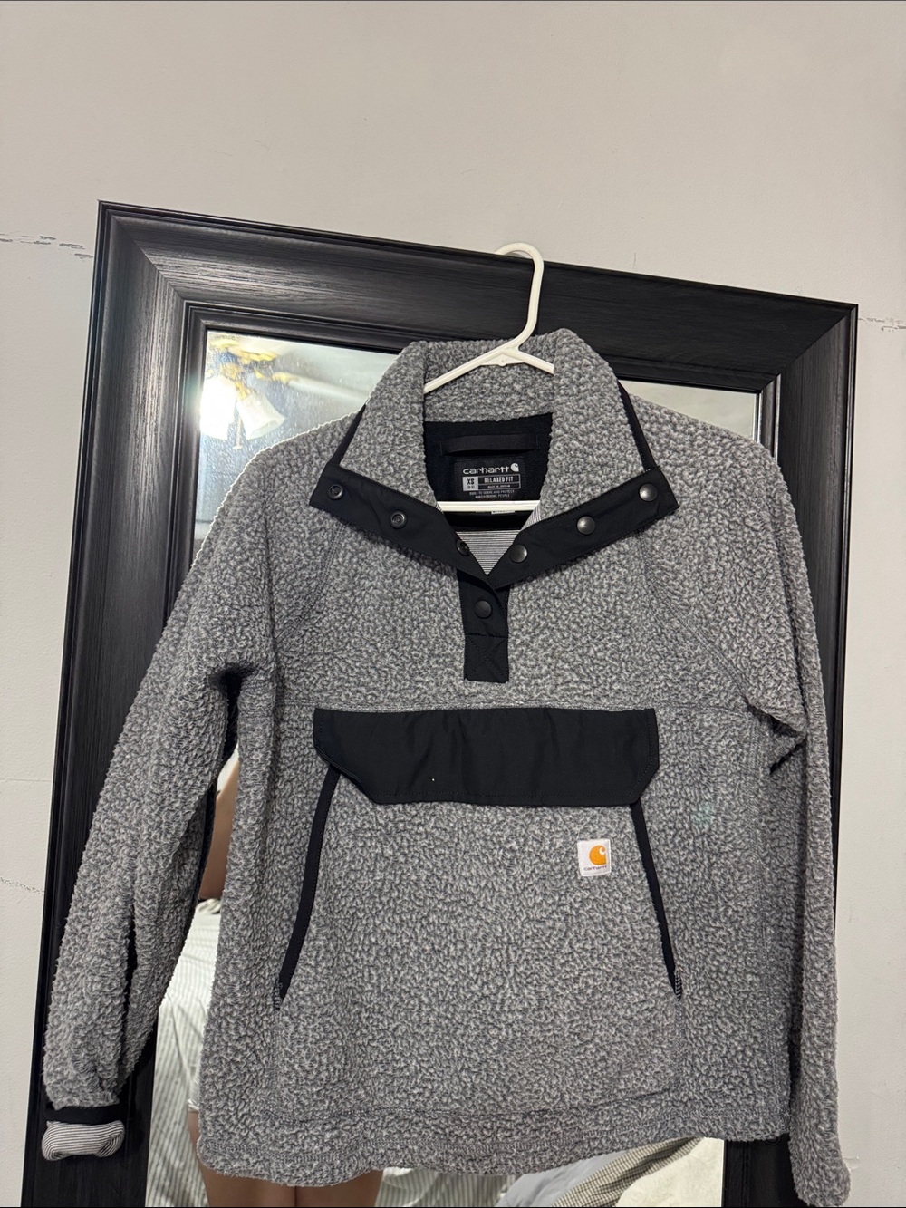 Carhartt Men’s Gray Sherpa Zip Pullover with Black Pocket Panel
